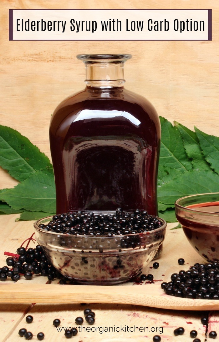 Elderberry Syrup with Low Carb Option in jar with bowl of berries in the foreground