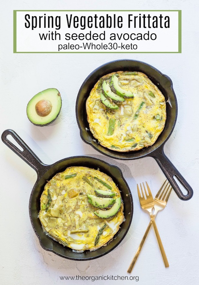 Two black cast iron pans with Spring Frittata with Seeded Avocado 