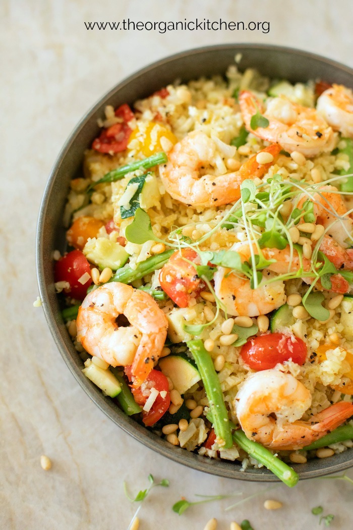 Lemony Shrimp and Vegetable Stir Fry Bowl set on marble counter