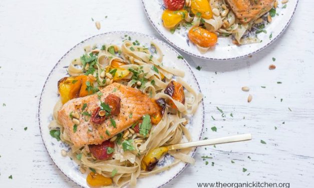 Crispy Salmon with Blistered Tomatoes and Pasta