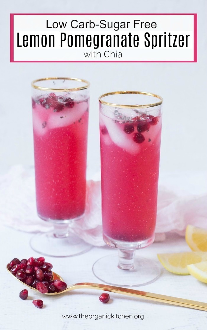 Two tall glasses of Low Carb Lemon Pomegranate Spritzer with Chia garnished with lemon wedges