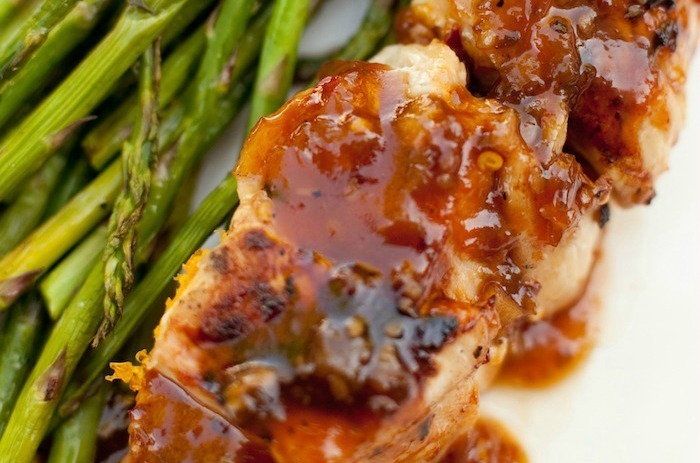 Apricot Sesame Chicken Skewers with Grilled Asparagus