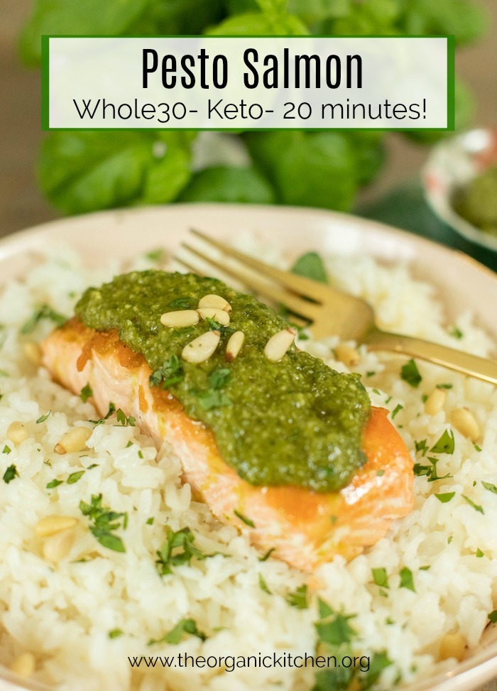 A single piece of of Pesto Salmon placed atop rice in a light pink dish with a gold fork