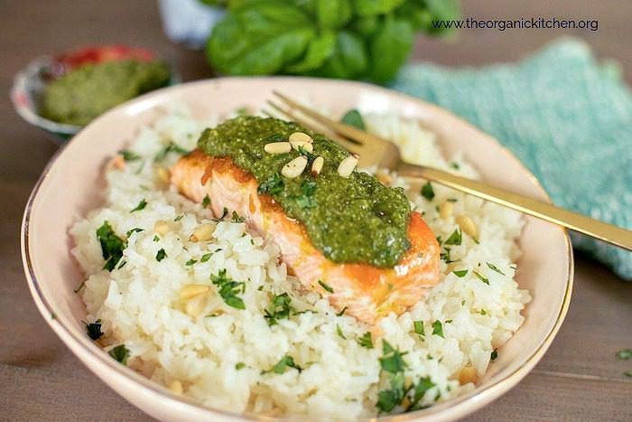 Pesto Salmon (Whole30-Keto-Low Carb) Pesto Salmon (Whole30-Keto-Low Carb) on a bed of rice in a pink bowl