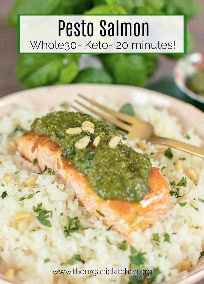 Pesto Salmon (Whole30-Keto-Low Carb) A piece Pesto Salmon (Whole30-Keto-Low Carb) on top of a bed of rice with a gold fork in background