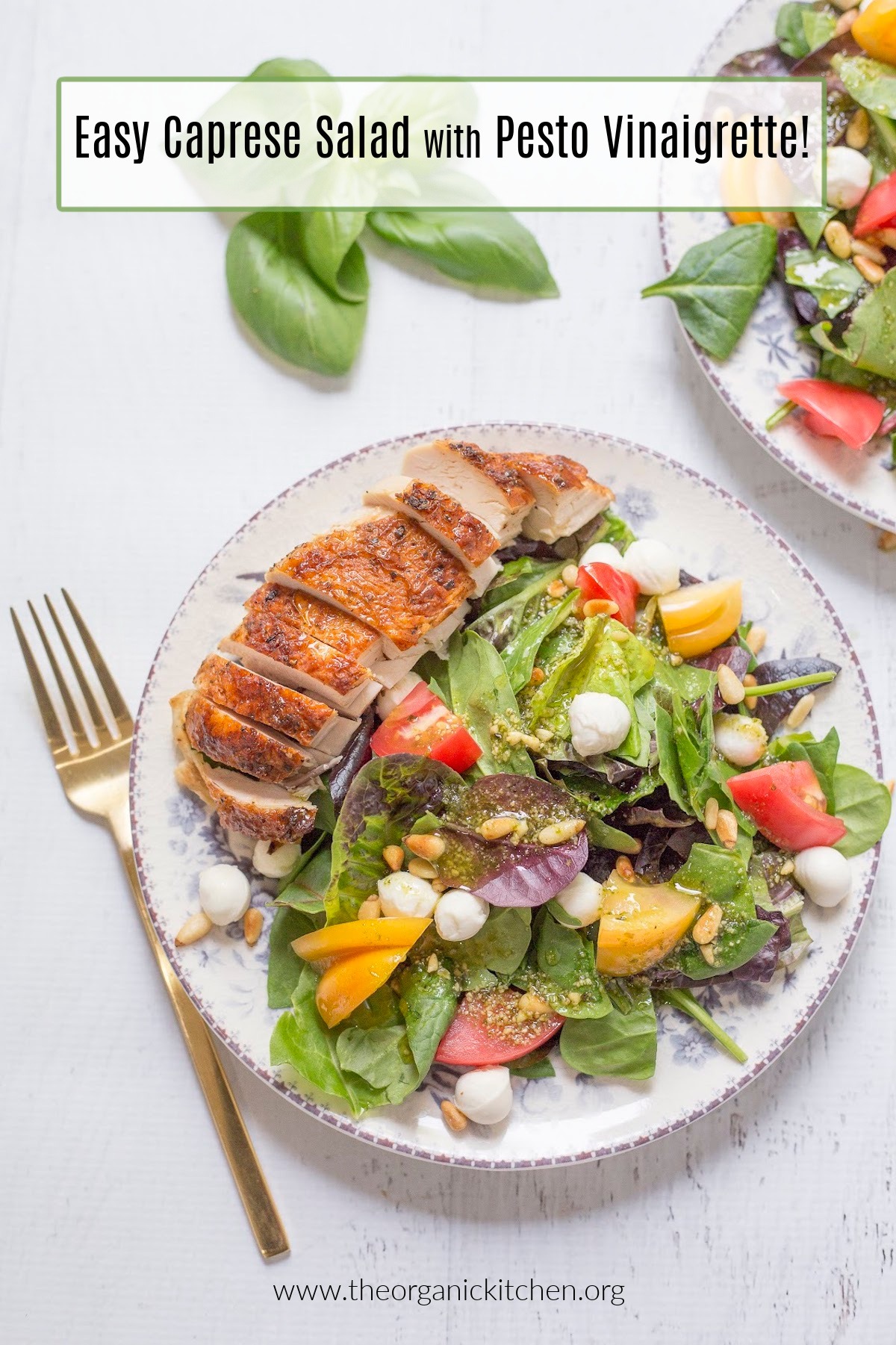 Easy Caprese Salad with Pesto Vinaigrette on a blue and white plate on white surface