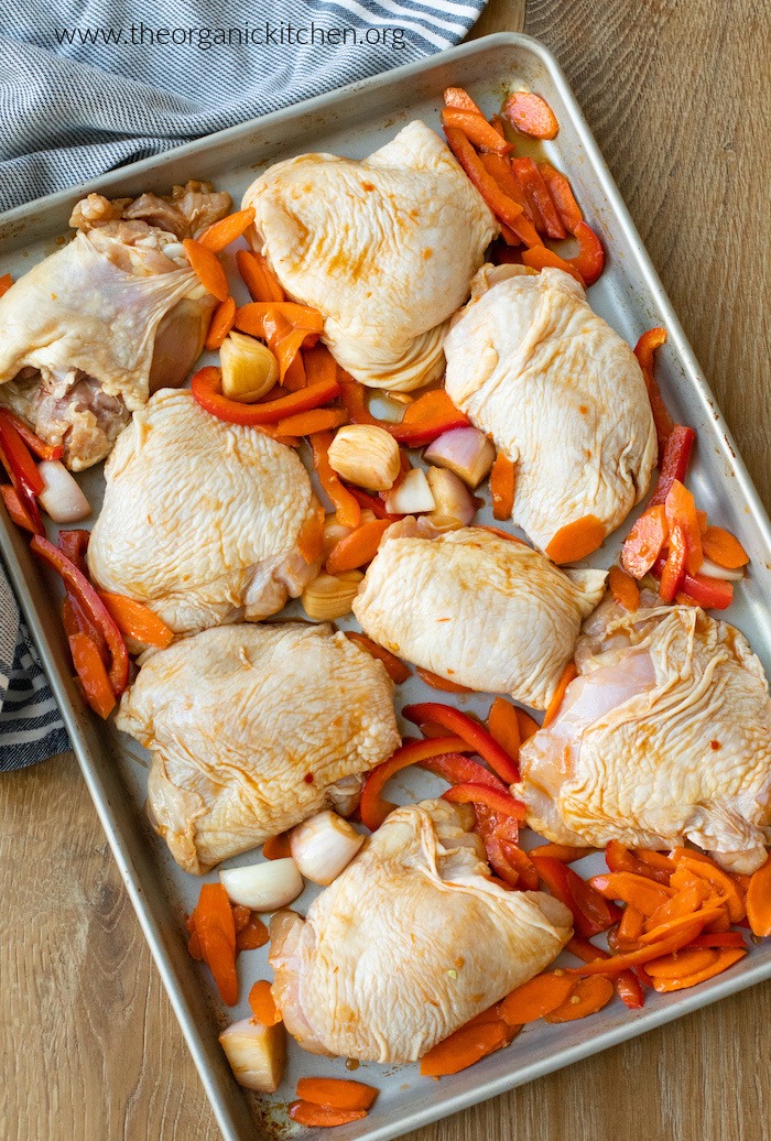 One Pan Thai Chicken on sheet pan before cooking