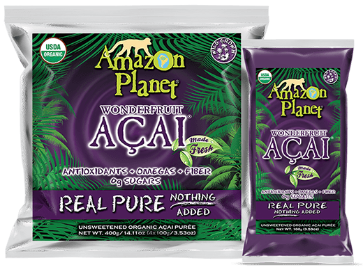Frozen Packets of Amazon Planet Açaí Berry Puree for use in Healthy Açaí Smoothie Bowl