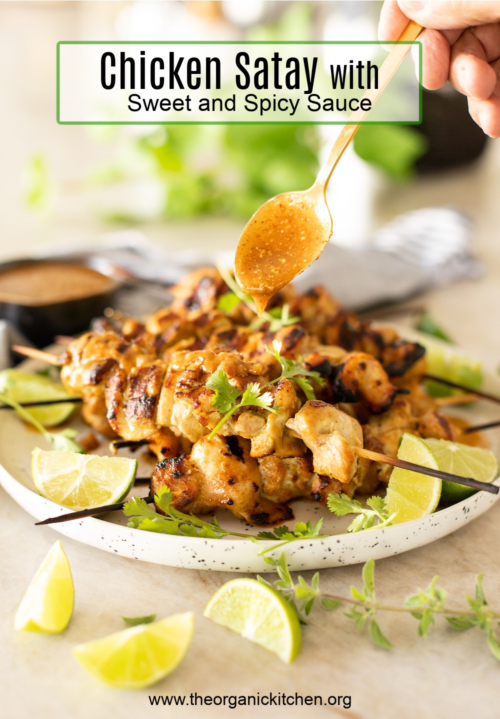 Skewers of Chicken Satay with Sweet and Spicy Sauce on a white plate surrounded by lime wedges