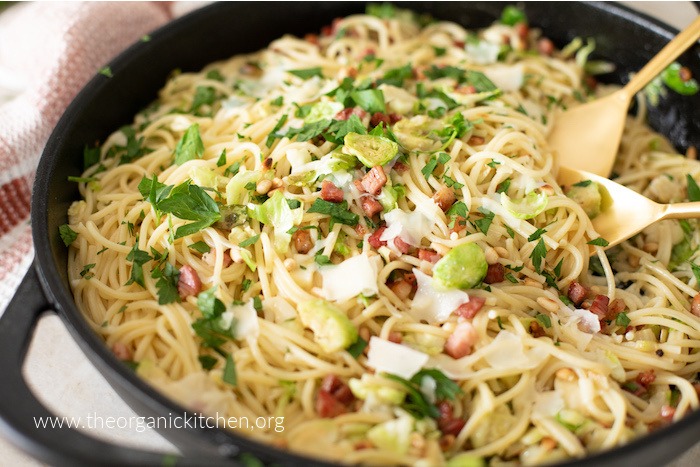 Pasta with Pancetta and Brussels Sprouts in black skillet