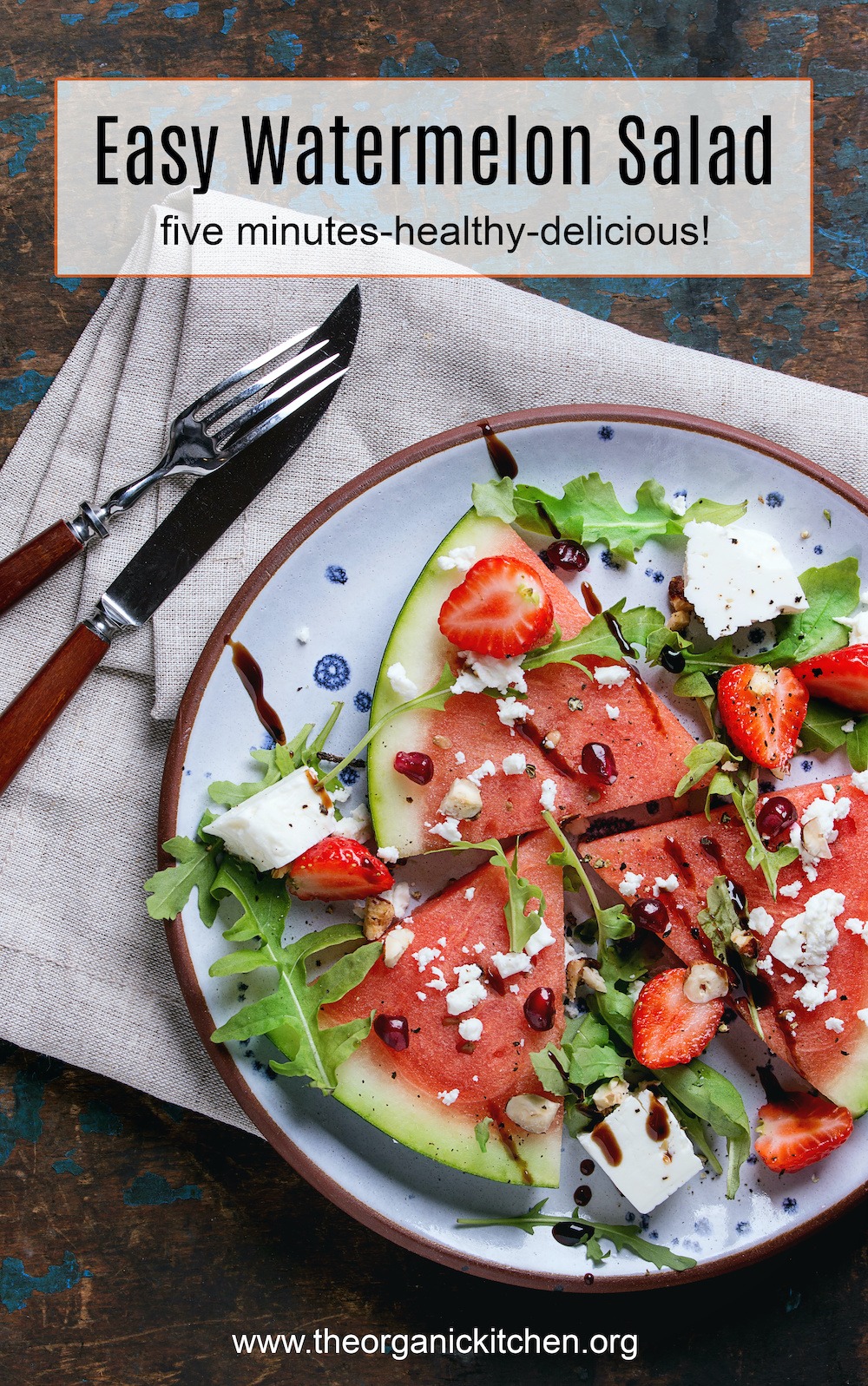 Easy Watermelon Salad with feta and greens on blue plate