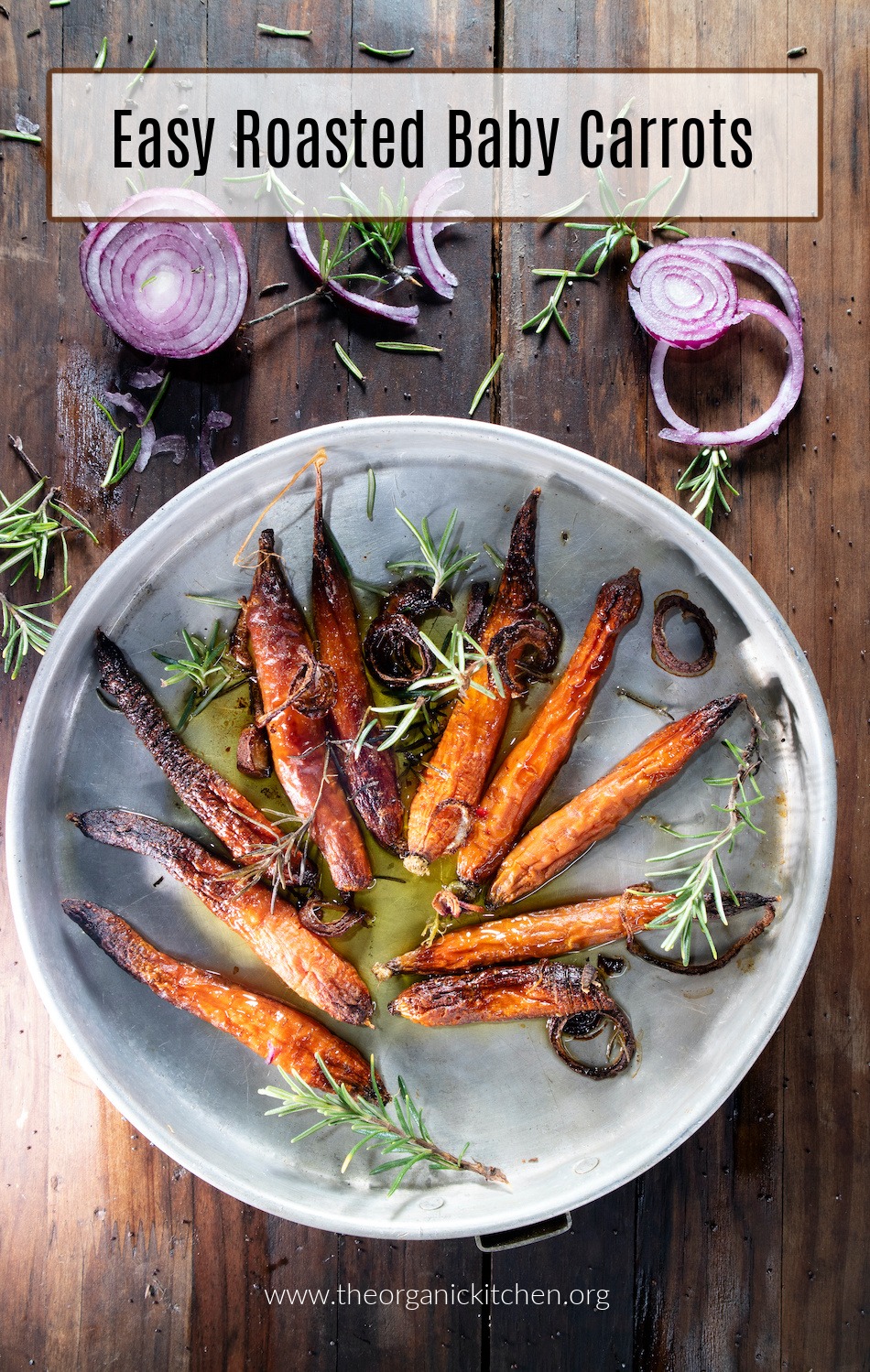Easy Roasted Baby Carrots on blue plate set on wood table