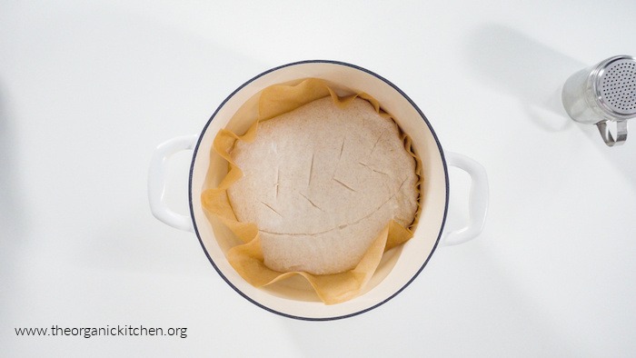 Sourdough before cooking on parchment paper in a Dutch oven