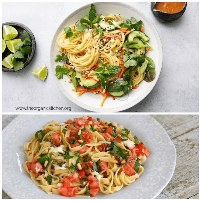 Two pasta dishes garnished with greens