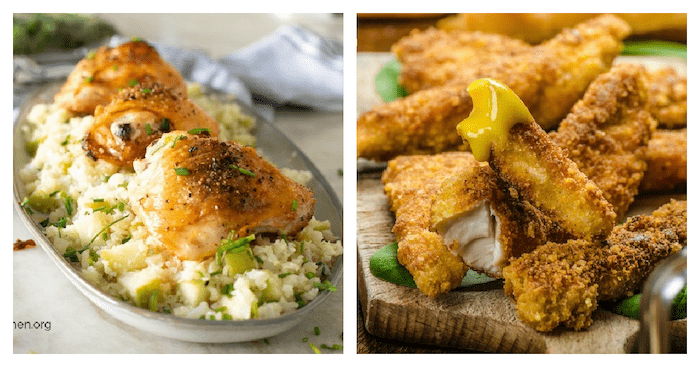 A photo collage of chicken dishes