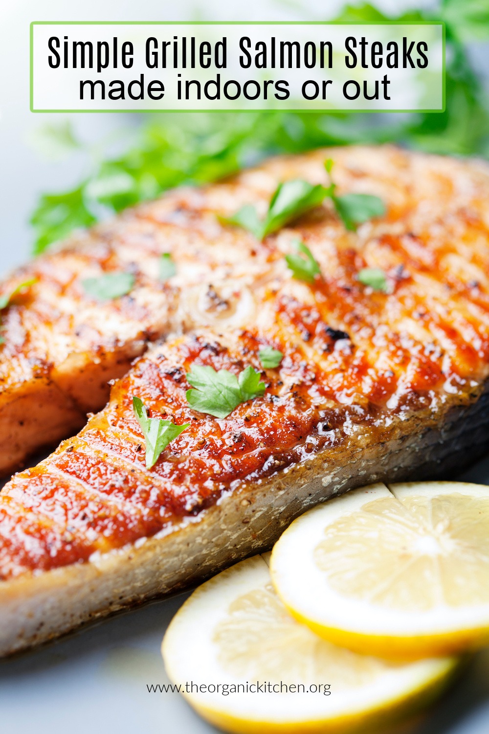 Simple Grilled Salmon Steak garnished with lemon and herbs