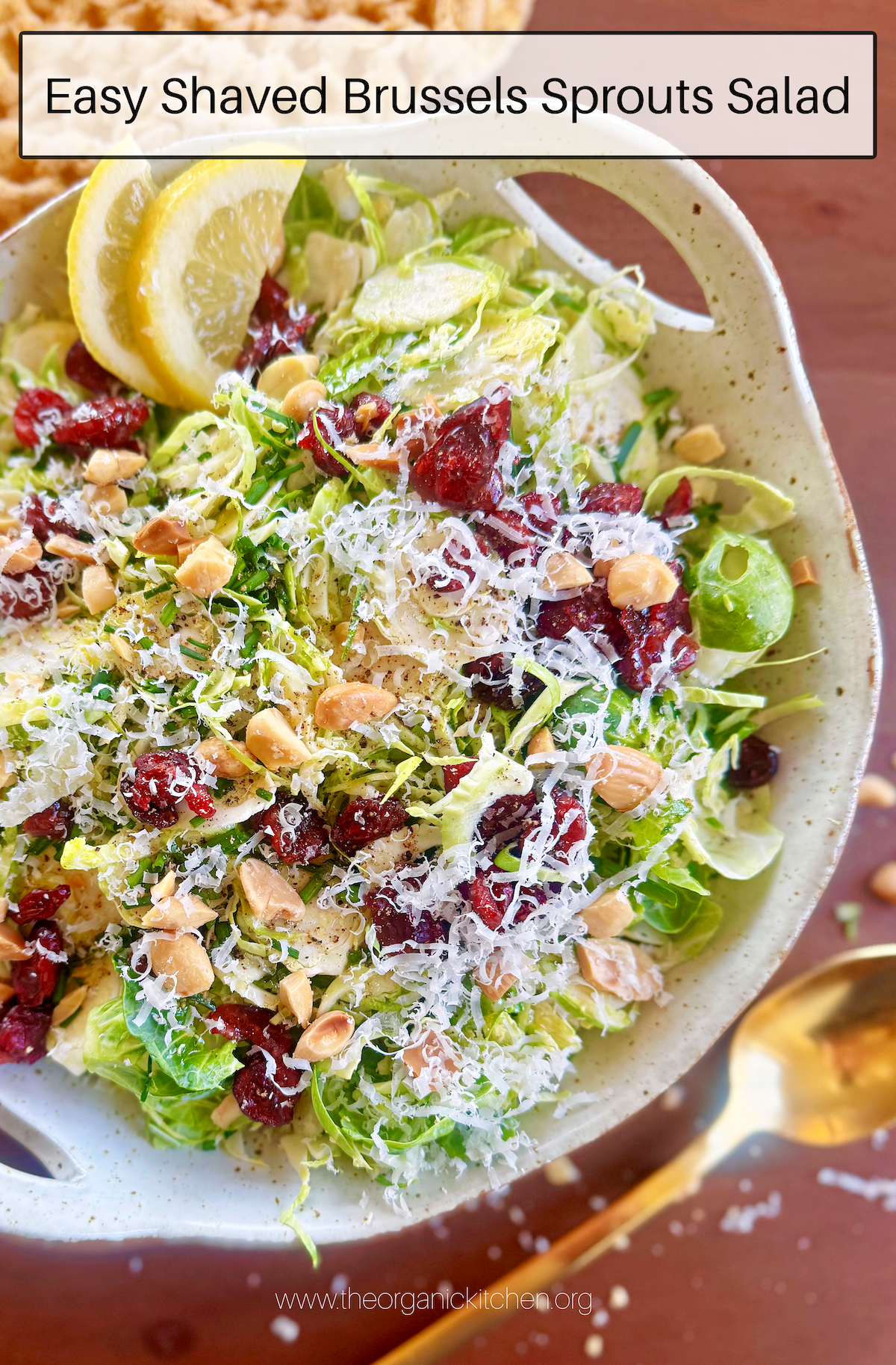 Easy Shaved Brussels Sprouts Salad Easy Shaved Brussels Sprouts Salad in bowl with gild spoon on table