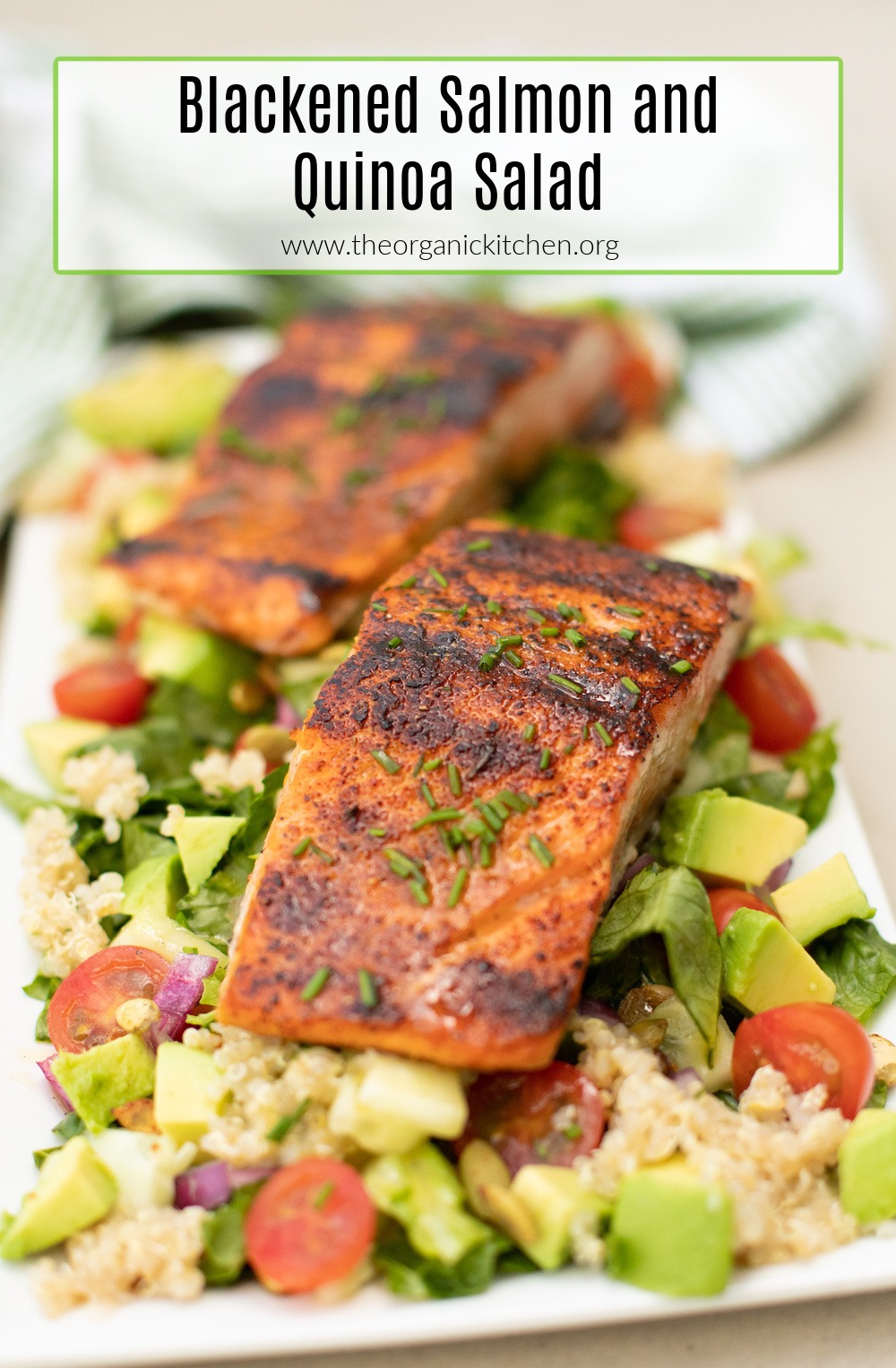 Blackened salmon and quinoa salad on white plate