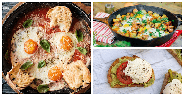 A collage of egg recipes in pans