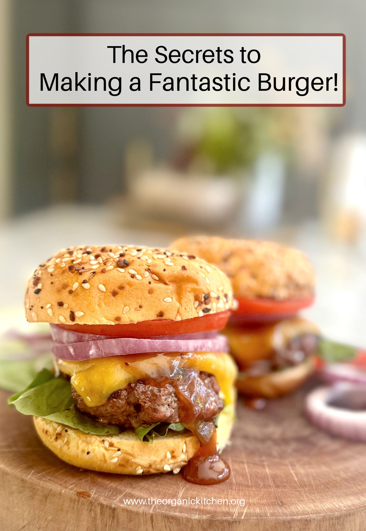 A beautiful burger with lettuce, cheese and onions as part of The Secrets to Making a Fantastic Burger!
