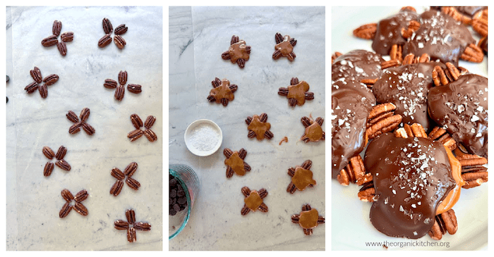 Easy Caramel Pecan Turtles A series of three photos depicting how to make Easy Caramel Turtles: a photo of pecans on wax paper, pecans with caramel on top, and finished with chocolate and sea salt