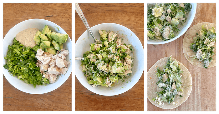Three photos depicting how to put togetherr the Chicken Caesar Wrap (Low Carb-Keto Option!)