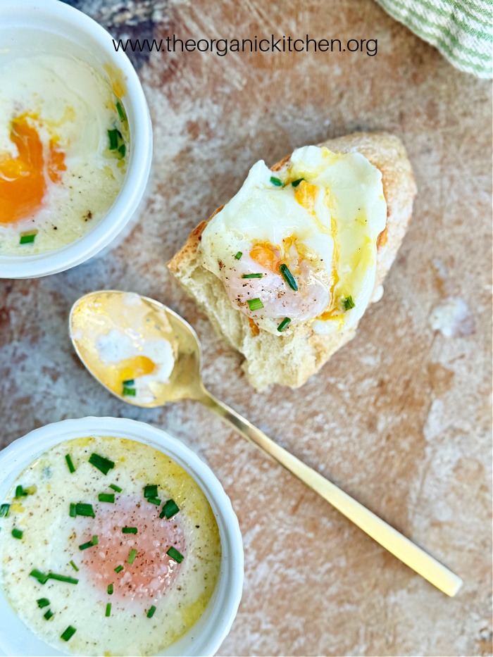 Eggs en Cocotte (Low Carb-Keto) on toast with gold spoon