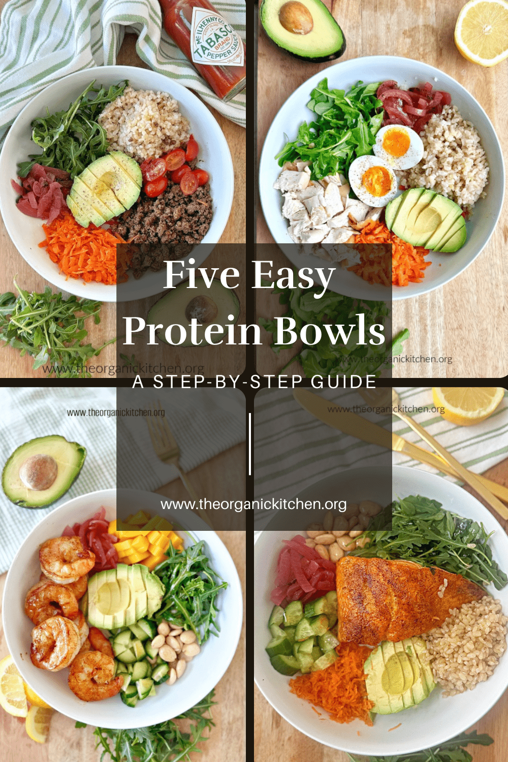 A collage of Five Easy Protein Bowls on wood serving boards surrounded by avocado, lemon wedges, and herbs