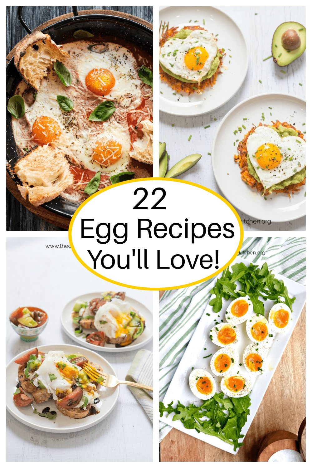 A collage of four pictures depicting egg recipes