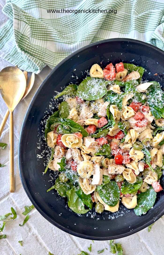 Tortellini with Spinach and Chicken in black oval bowl on grey bricks with basil scattered around