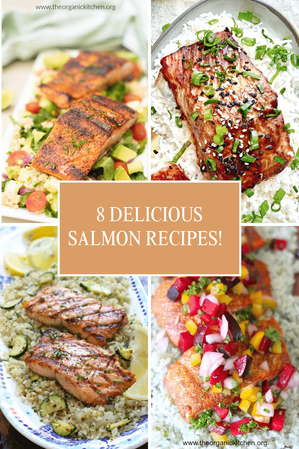 A collage of four different salmon recipes as part of a collection of Eight Delicious Salmon Recipes!
