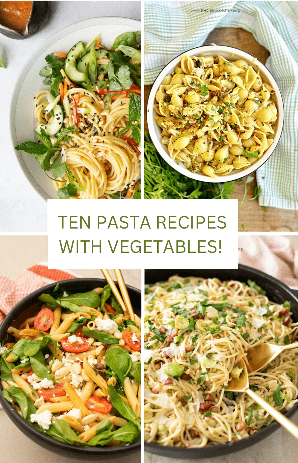 A collage of Ten Pasta Recipes with Vegetables in black and white bowls 