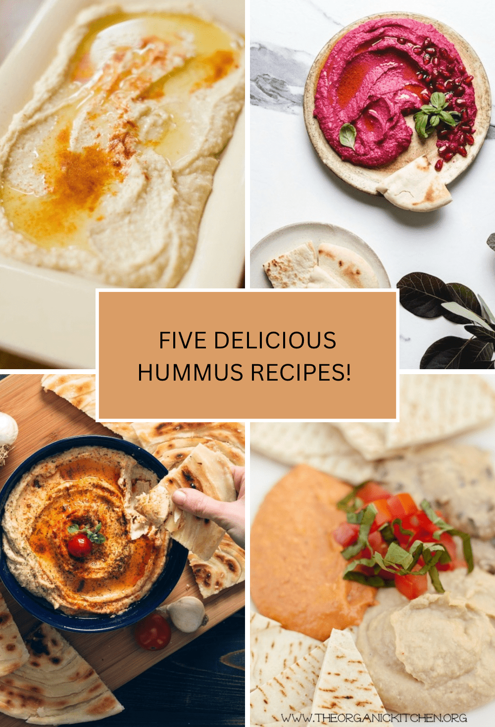 A collage of four pictures of various hummus recipes with the words Five Delicious Hummus Recipes in the center