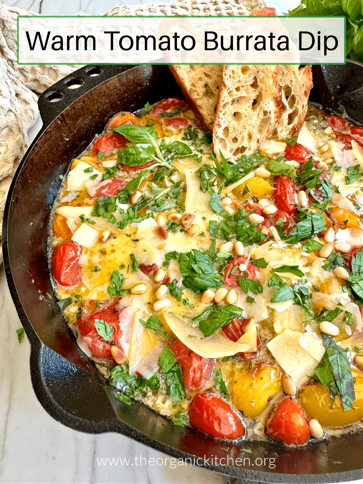 Warm Tomato Burrata Dip Warm Tomato Burrata Dip with bread slices in a black cast iron pan with herbs and dish towel in background