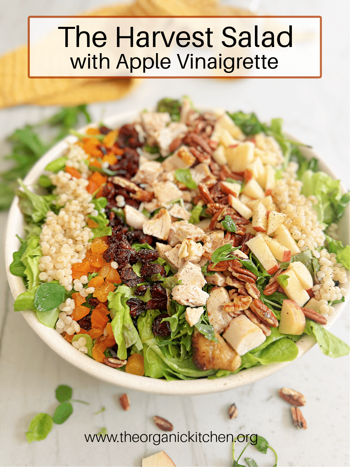 The Harvest Salad: Greens, Couscous, Fall Fruit and Apple Vinaigrette The Harvest Salad: Greens, Couscous, Fall Fruit and Apple Vinaigrette in a white bowl with bottle of apple vinaigrette in the background