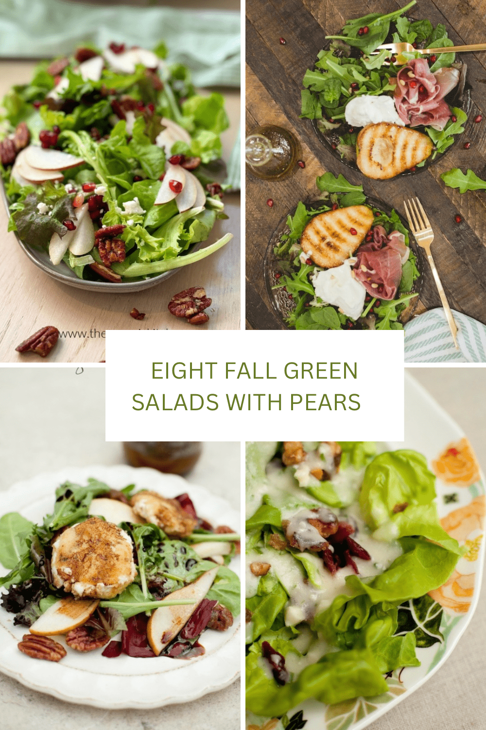 A collage of four green salads featuring pears
