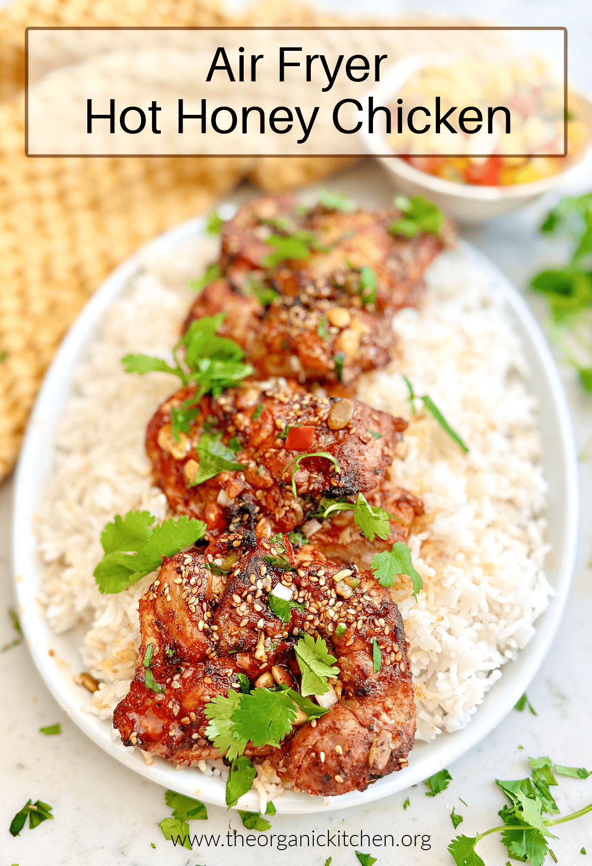 Air Fryer Hot Honey Chicken and rice on white plate with mango salsa in the background