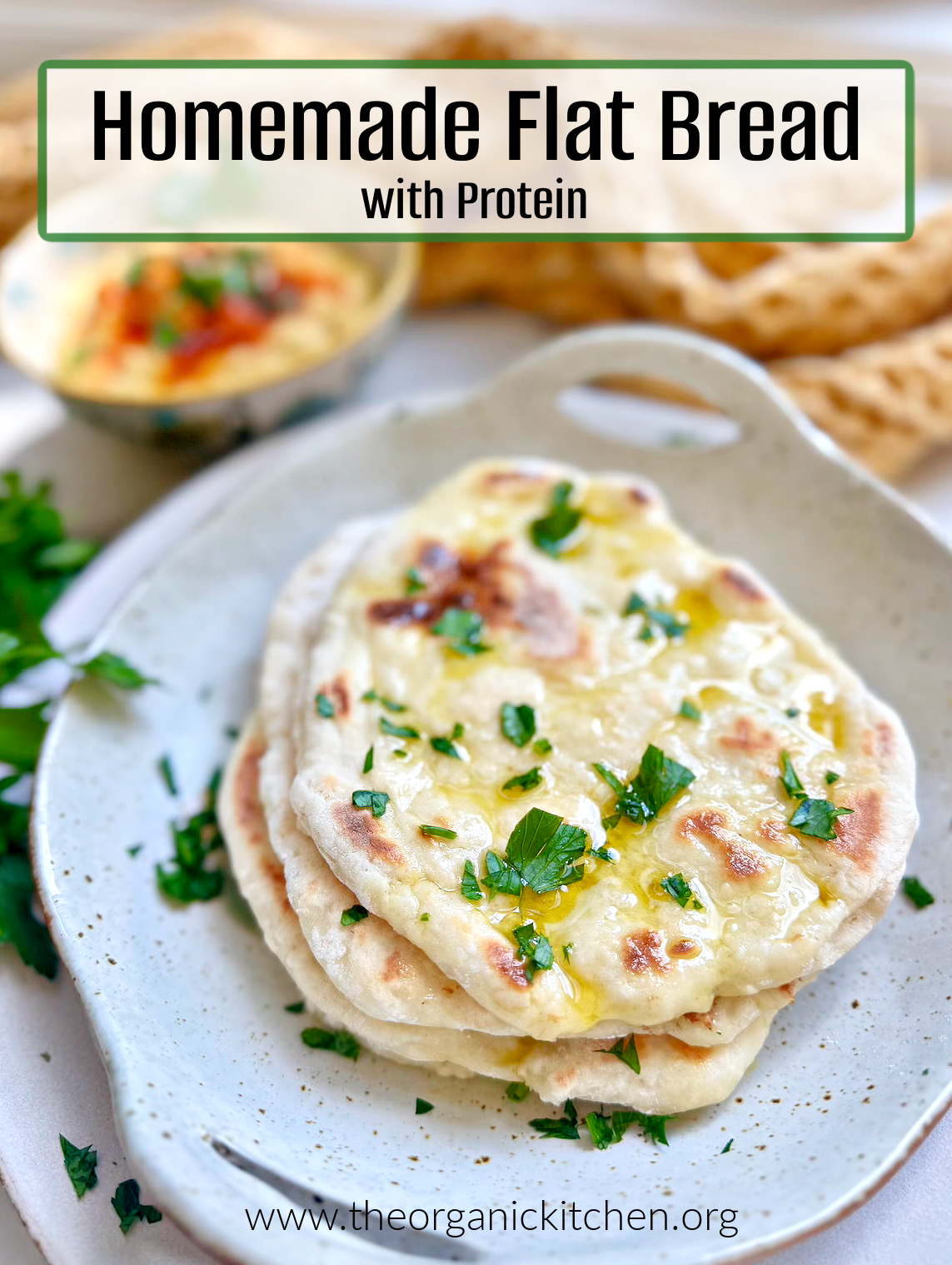Easy Homemade Flatbread Easy Homemade Flatbread in a grey bowl with hummus and yellow dish towel in the background