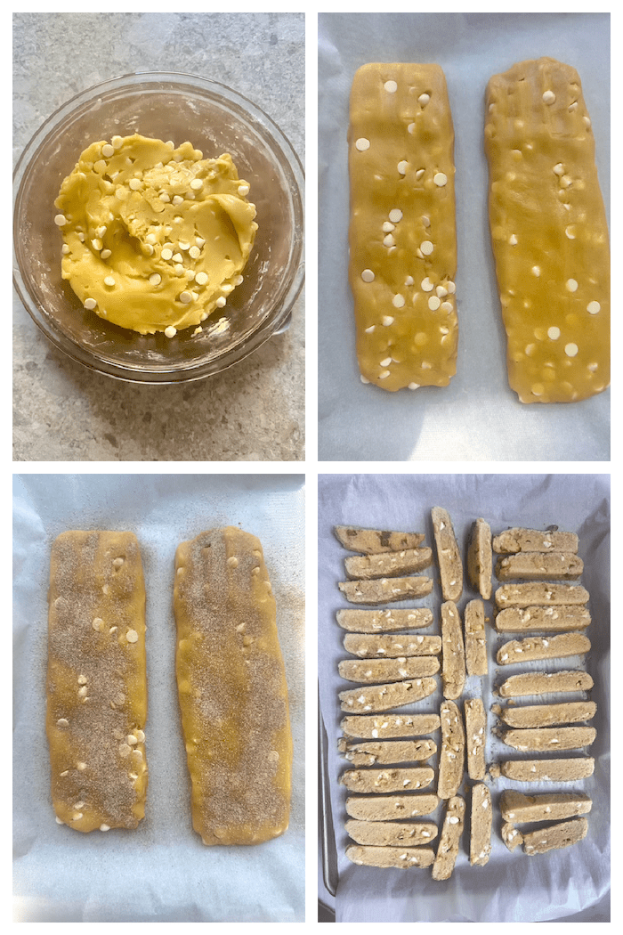 A collage showing the process of making White Chocolate Biscotti