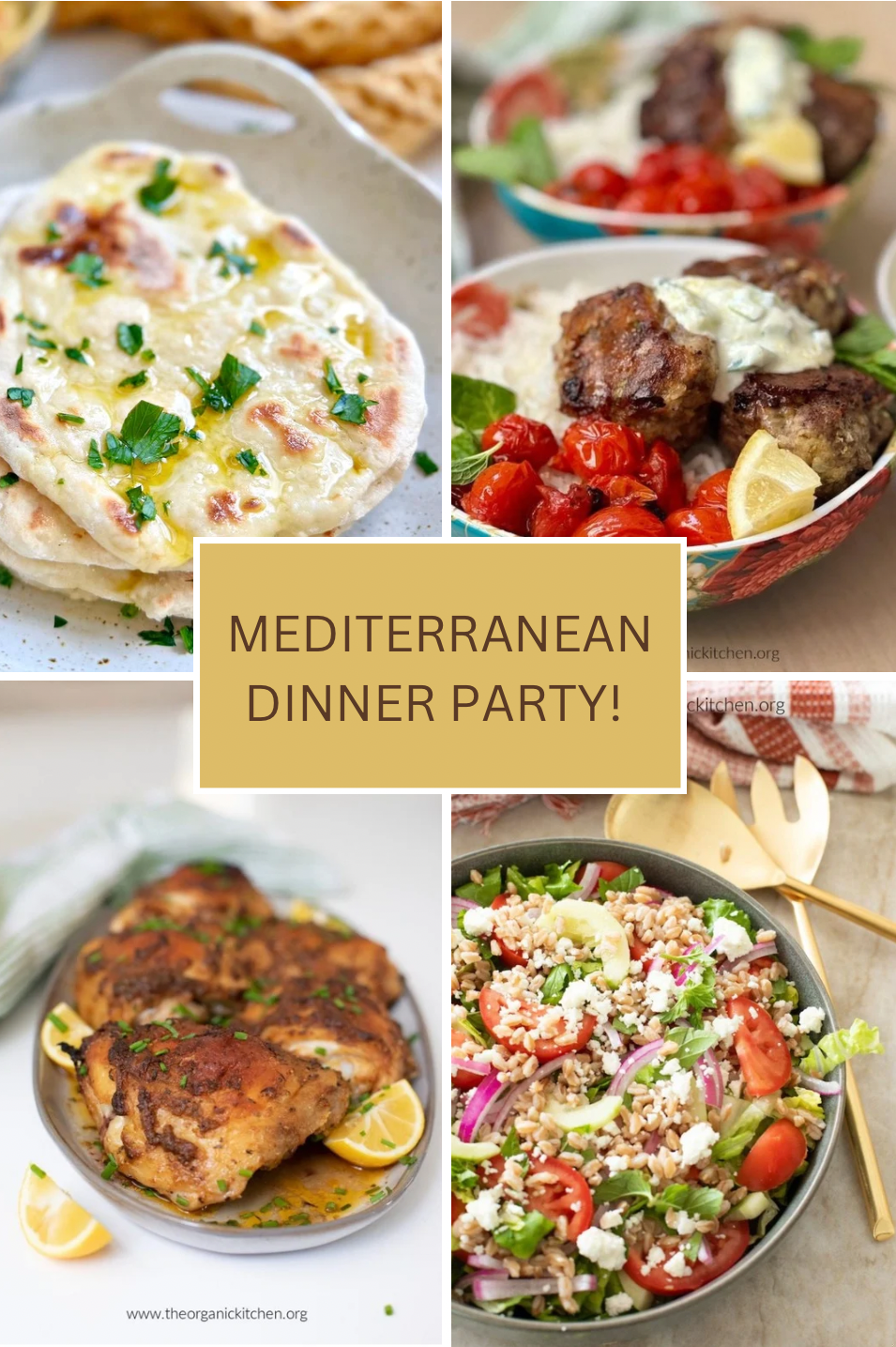 A collage of four photos of Mediterranean food: flatbread, meatballs and rice, Grek chicken and farro salad