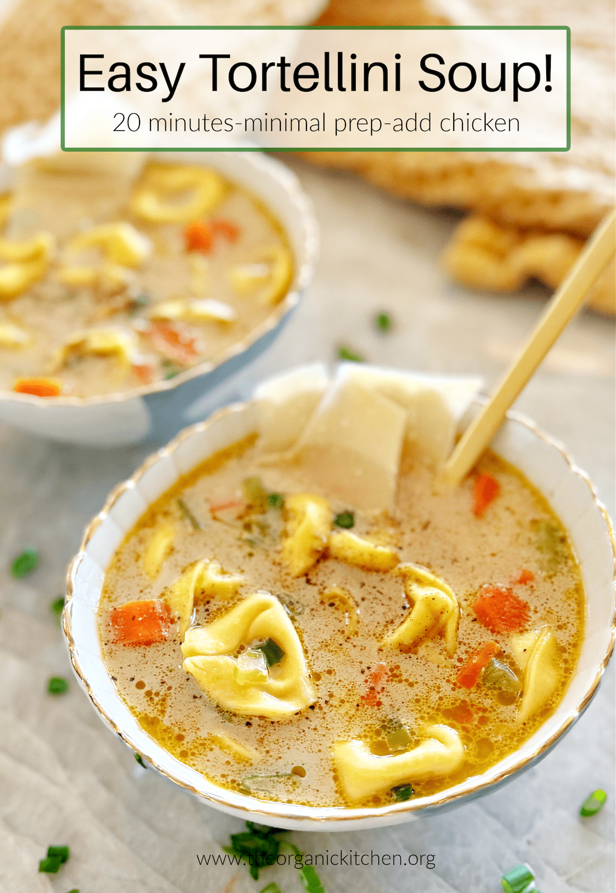 20 Minute Creamy Tortellini Soup in two bowls with gold spoon and dish towel in back ground