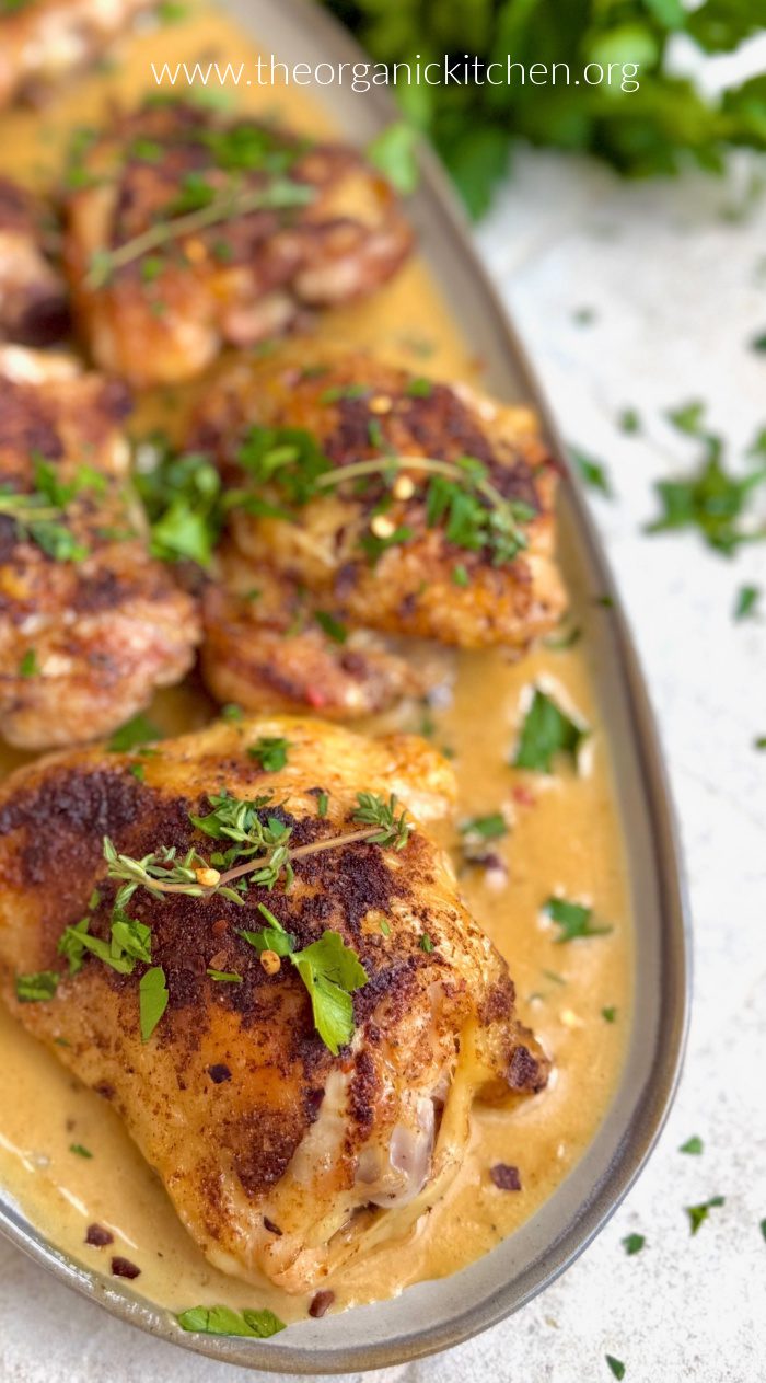 Chicken in Cream Sauce Chicken in Cream Sauce garnished with herbs on grey platter