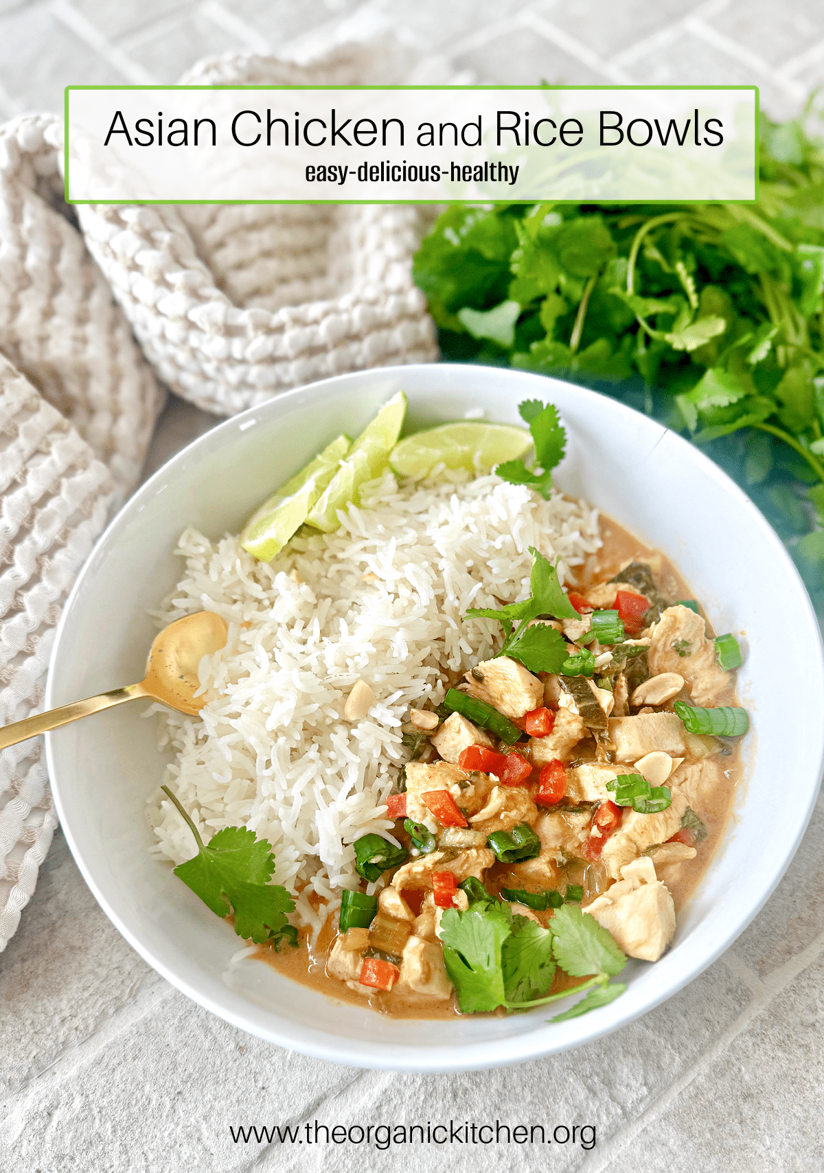 Asian Chicken and Rice Bowls with lime wedges, cilantri and peanuts
