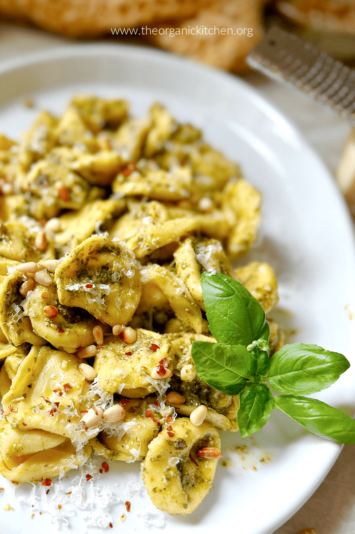 Five Fabulous Tortellini Recipes Tortellini with Fresh Basil Pesto on white plate