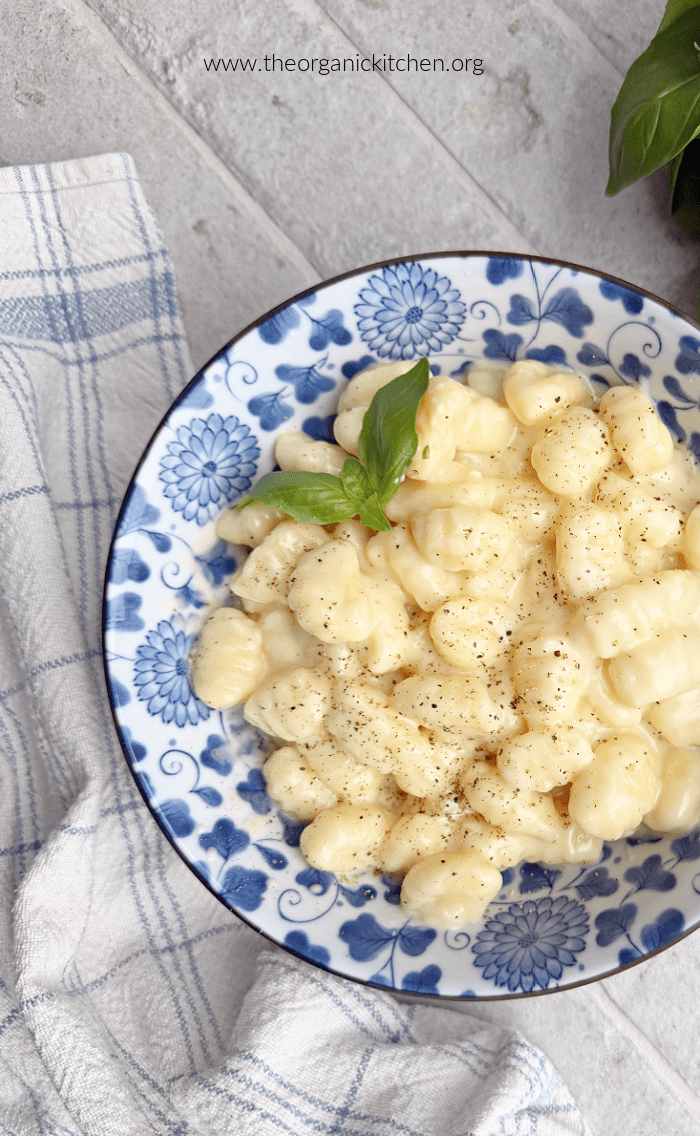 A blue and white bowl with Three Cheese Gnocchi garnished with basil on a gray brick surface
