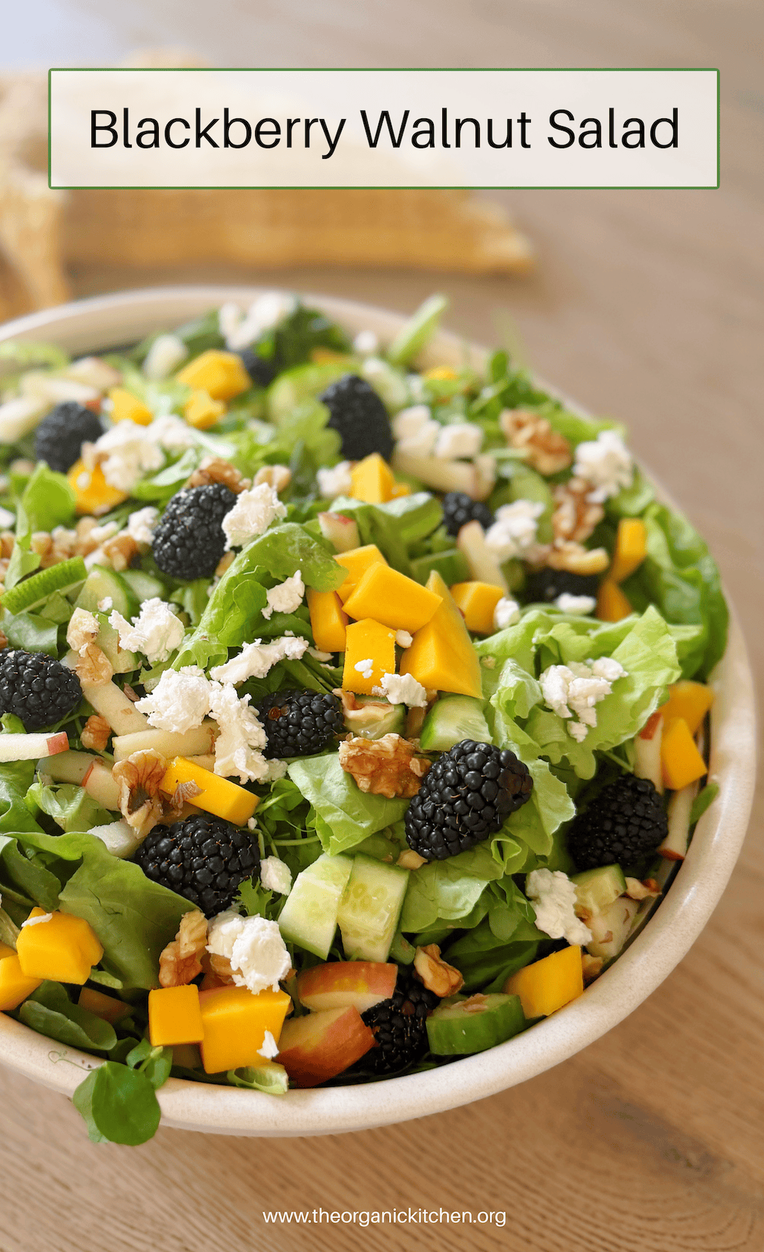 Blackberry Walnut Salad with Honey Vinaigrette Blackberry Walnut Salad with Honey Vinaigrette in a white bowl with yellow dish towel in the background