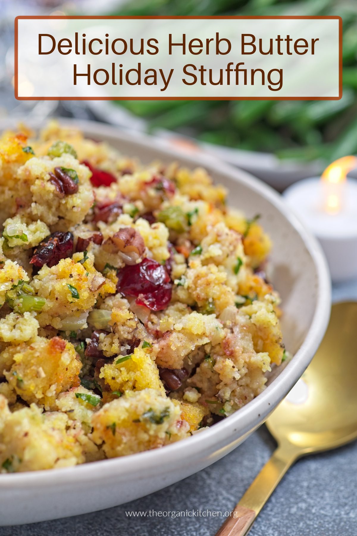 Delicious Buttery Herb Holiday Stuffing Delicious Herb Butter Holiday Stuffing in a white bowl with a gold spoon