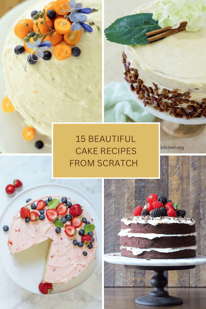 Lemon Vanilla Raspberry Cake A collage of four cake photos, some with berries, some with chocolate, some with kumquats