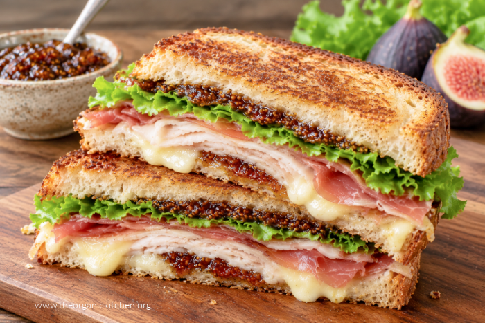 Two Turkey Prosciutto Grilled Cheese sandwiches stacked on top of each other with a bowl of fig jam in the background