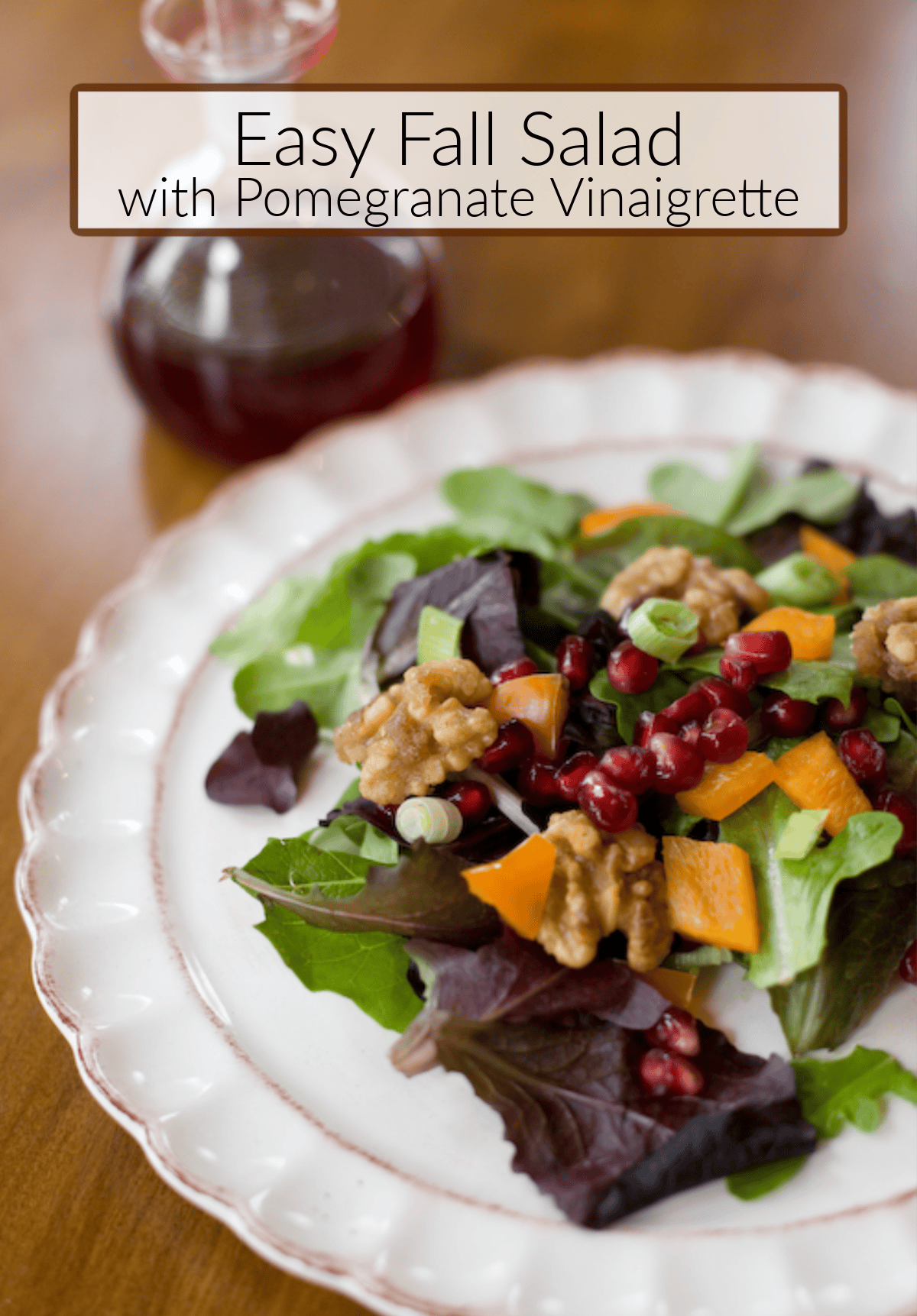 Easy Fall Salad Easy Fall Salad with greens, carameliezed nuts, yellow bell pepper and pomegranate seeds